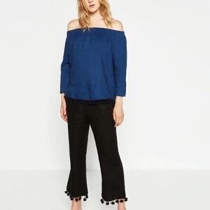 ZARA Off Shoulder Top 100% Linen Blue Size S Pom‎ Pom Top